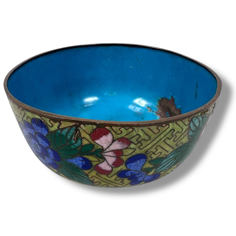 Vintage Cloisonné Copper & Enamel Floral Bowl 4.5" Chinese Decorative‎ Decor